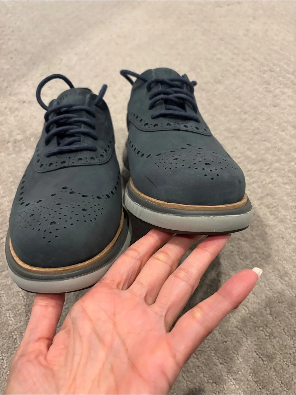 Cole Haan Navy Nubuck Wingtip Derby with Tan Trim